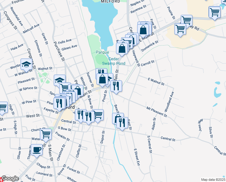 map of restaurants, bars, coffee shops, grocery stores, and more near 1 Main Street in Milford