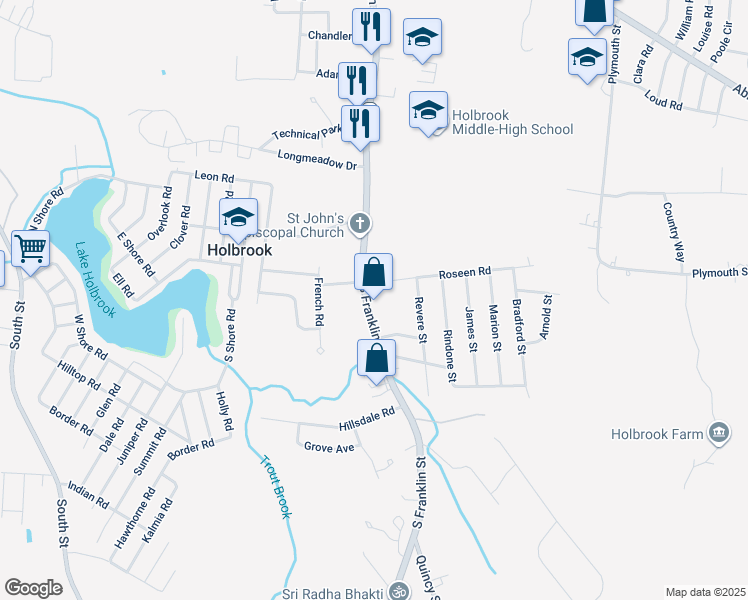 map of restaurants, bars, coffee shops, grocery stores, and more near 355 South Franklin Street in Holbrook