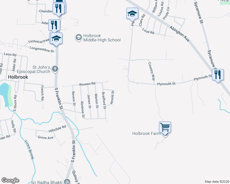 map of restaurants, bars, coffee shops, grocery stores, and more near 16 Leatherchip Road in Holbrook