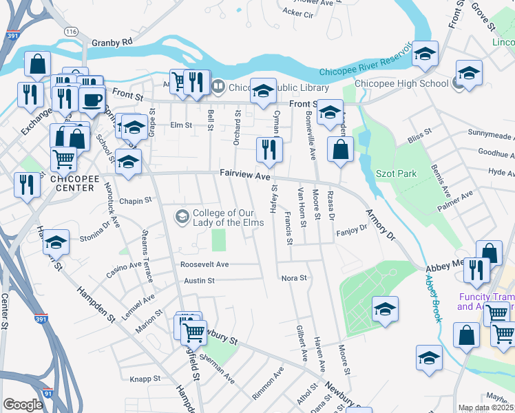 map of restaurants, bars, coffee shops, grocery stores, and more near 37 Saratoga Avenue in Chicopee