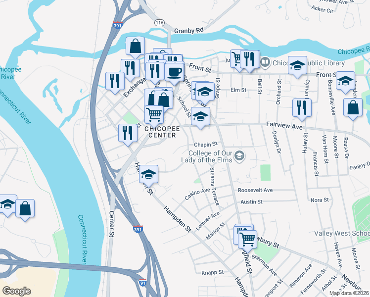 map of restaurants, bars, coffee shops, grocery stores, and more near 19 Clinton Street in Chicopee