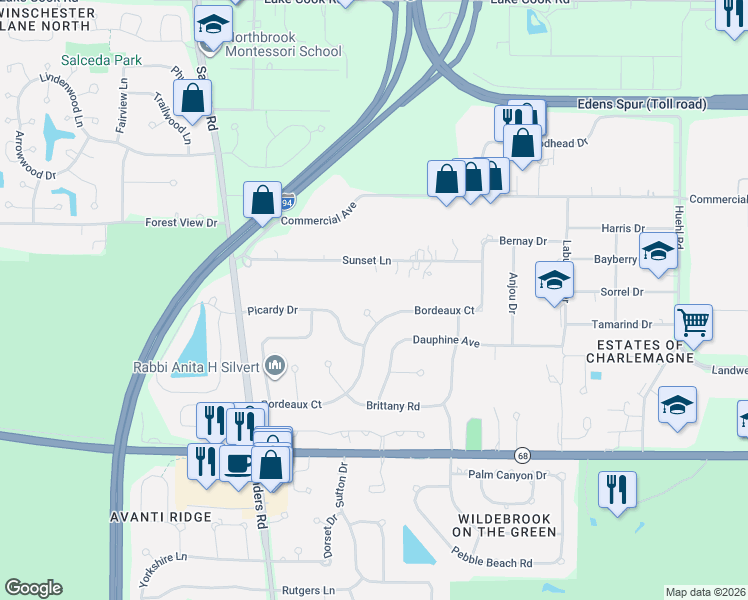 map of restaurants, bars, coffee shops, grocery stores, and more near 3919 Sunset Lane in Northbrook