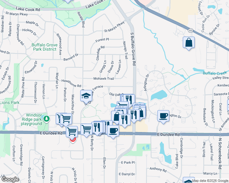 map of restaurants, bars, coffee shops, grocery stores, and more near 114 Golfview Terrace in Buffalo Grove