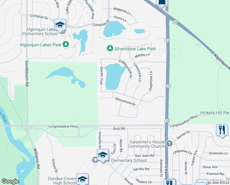 map of restaurants, bars, coffee shops, grocery stores, and more near 1915 Cobblestone Drive in Carpentersville