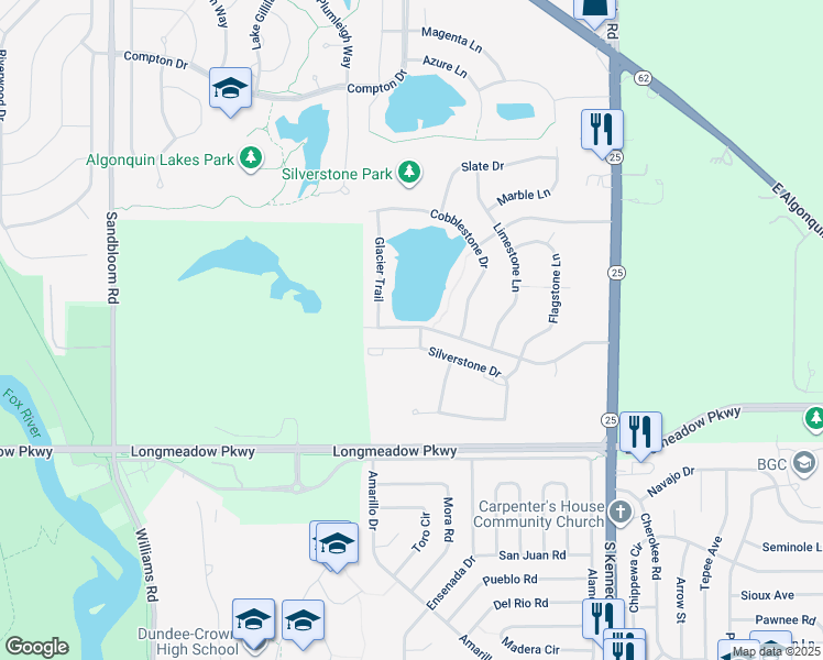 map of restaurants, bars, coffee shops, grocery stores, and more near 1512 Glacier Trail in Carpentersville