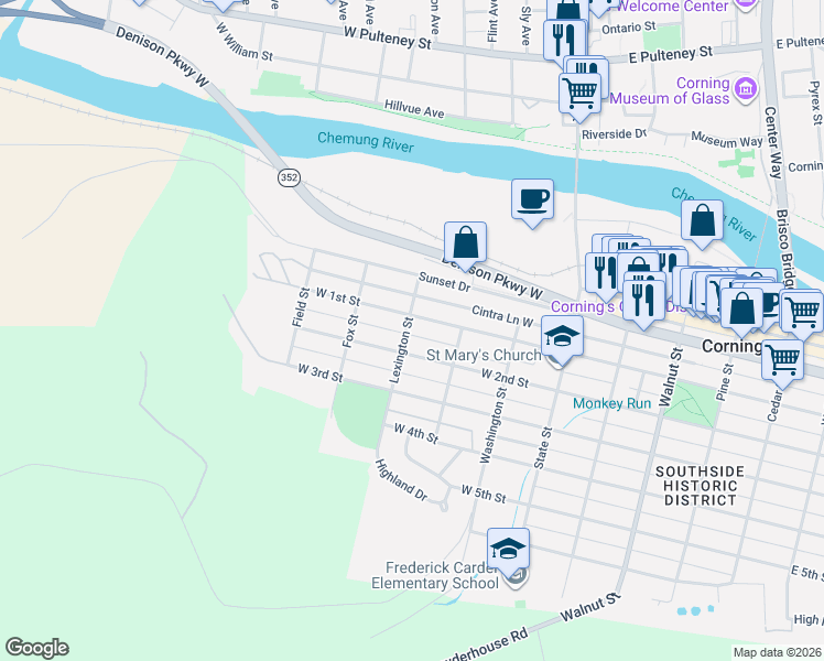 map of restaurants, bars, coffee shops, grocery stores, and more near 148 Lexington Street in Corning