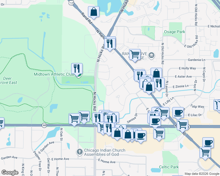 map of restaurants, bars, coffee shops, grocery stores, and more near 454 Spruce Drive in Palatine