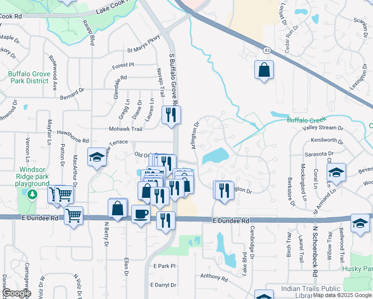 map of restaurants, bars, coffee shops, grocery stores, and more near Stonehedge Court in Wheeling