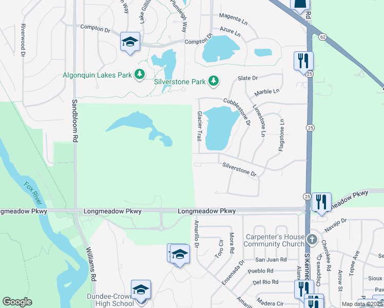 map of restaurants, bars, coffee shops, grocery stores, and more near 2431 Silverstone Drive in Carpentersville