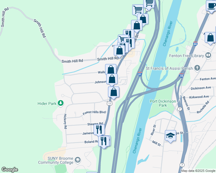 map of restaurants, bars, coffee shops, grocery stores, and more near 1-5 Johnson Road in Binghamton