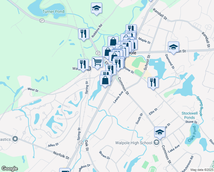 map of restaurants, bars, coffee shops, grocery stores, and more near 1065 Main Street in Walpole