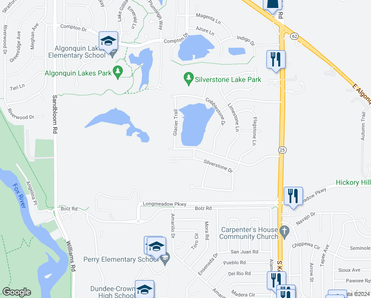 map of restaurants, bars, coffee shops, grocery stores, and more near 1925 Silverstone Drive in Carpentersville