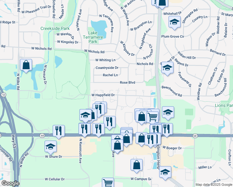 map of restaurants, bars, coffee shops, grocery stores, and more near 744 West Happfield Drive in Arlington Heights