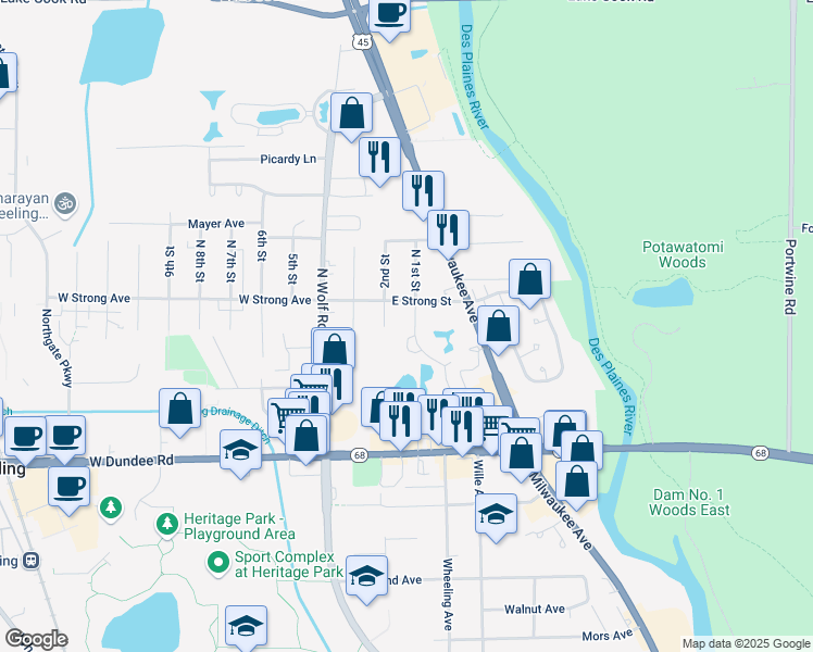 map of restaurants, bars, coffee shops, grocery stores, and more near 236 1st Street in Wheeling
