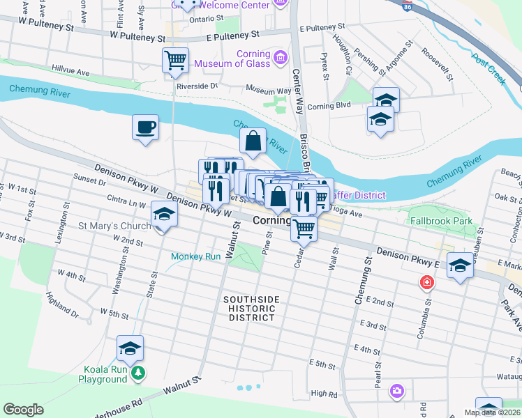 map of restaurants, bars, coffee shops, grocery stores, and more near 28 West Market Street in Corning