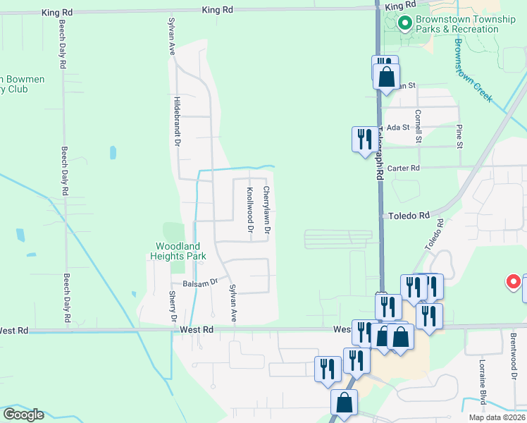 map of restaurants, bars, coffee shops, grocery stores, and more near 22258 Cherrylawn Drive in Brownstown Charter Township