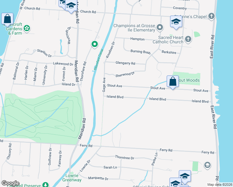 map of restaurants, bars, coffee shops, grocery stores, and more near 8647 Stout Avenue in Grosse Ile Township
