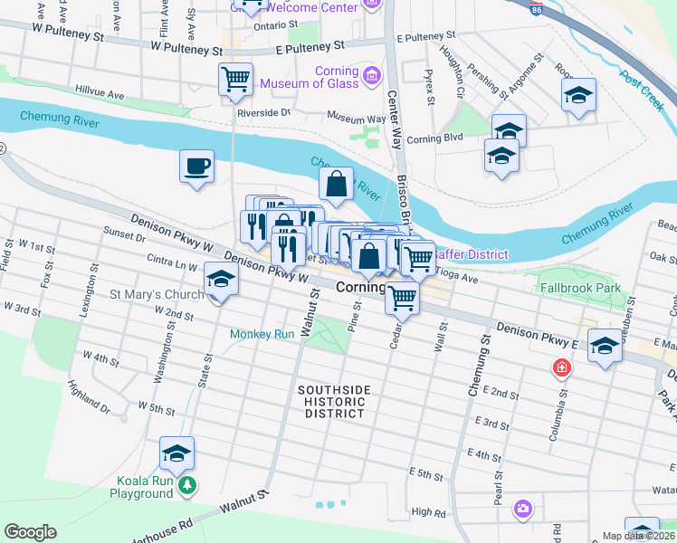 map of restaurants, bars, coffee shops, grocery stores, and more near 97 Walnut Street in Corning