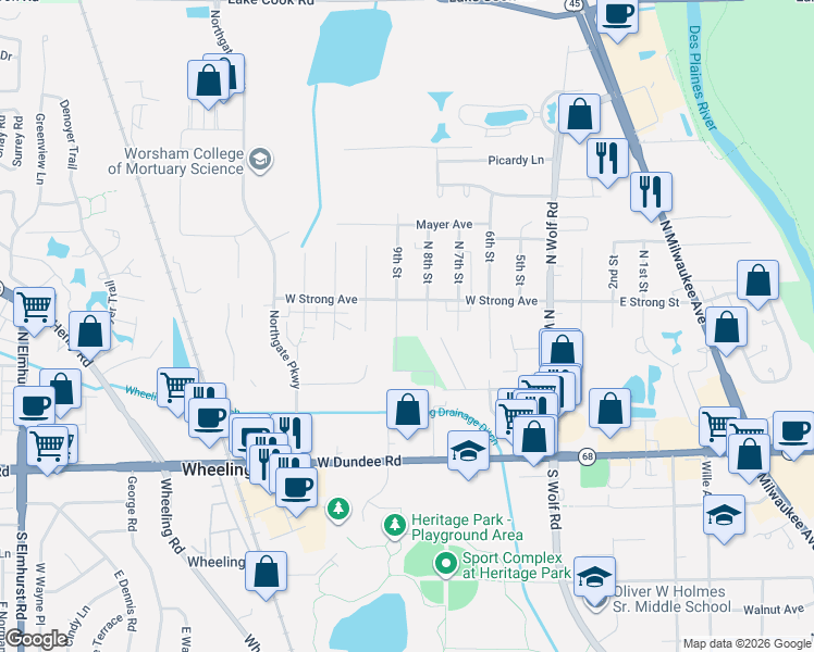 map of restaurants, bars, coffee shops, grocery stores, and more near 270 8th Street in Wheeling