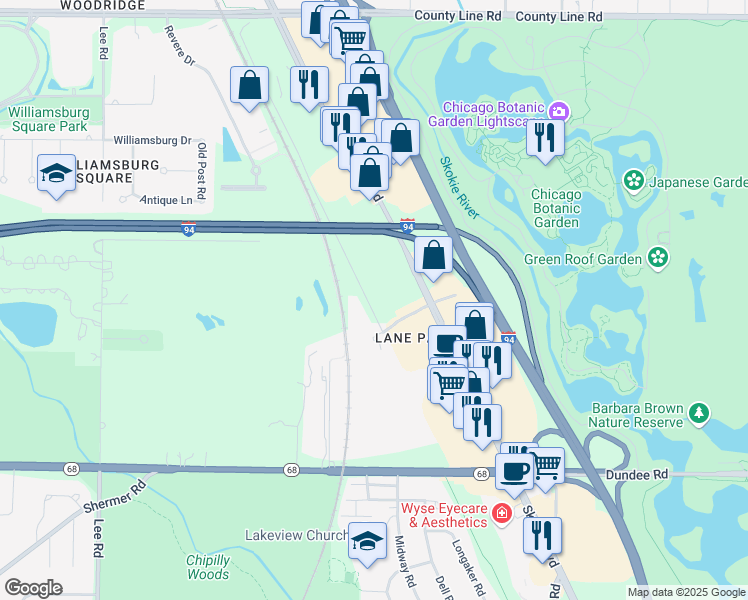 map of restaurants, bars, coffee shops, grocery stores, and more near 400 Skokie Boulevard in Northbrook