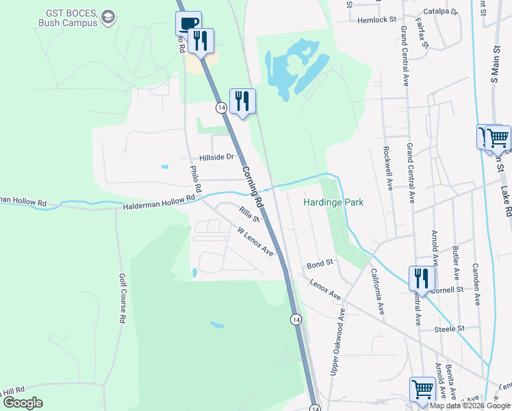 map of restaurants, bars, coffee shops, grocery stores, and more near 2398 Corning Road in Elmira