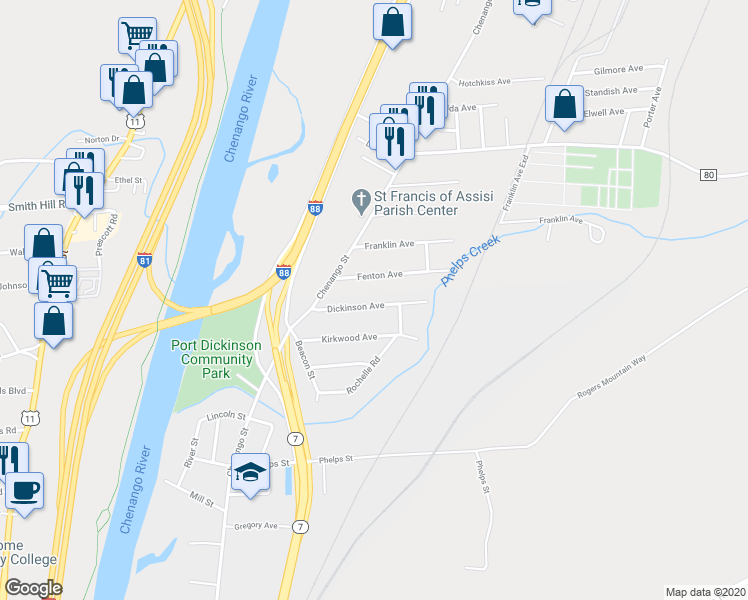 map of restaurants, bars, coffee shops, grocery stores, and more near 29 Dickinson Avenue in Binghamton