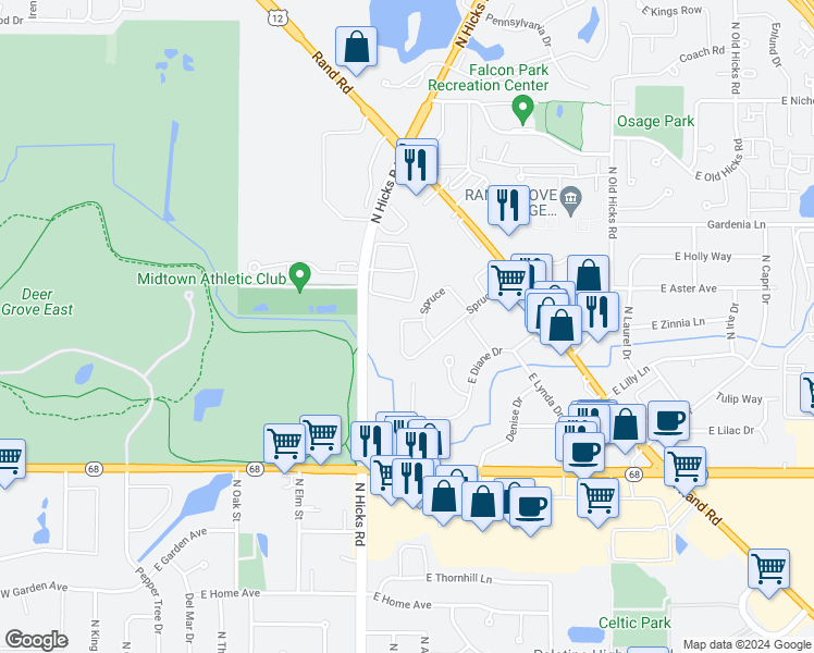 map of restaurants, bars, coffee shops, grocery stores, and more near 456 Spruce Drive in Palatine