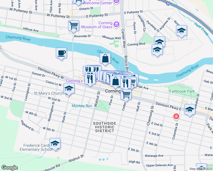 map of restaurants, bars, coffee shops, grocery stores, and more near 28 West Market Street in Corning