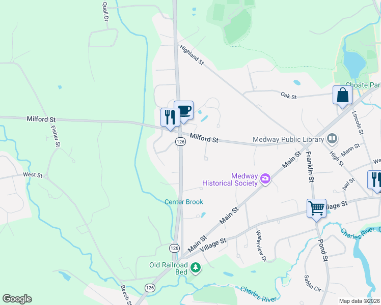 map of restaurants, bars, coffee shops, grocery stores, and more near 34 Summer Street in Medway