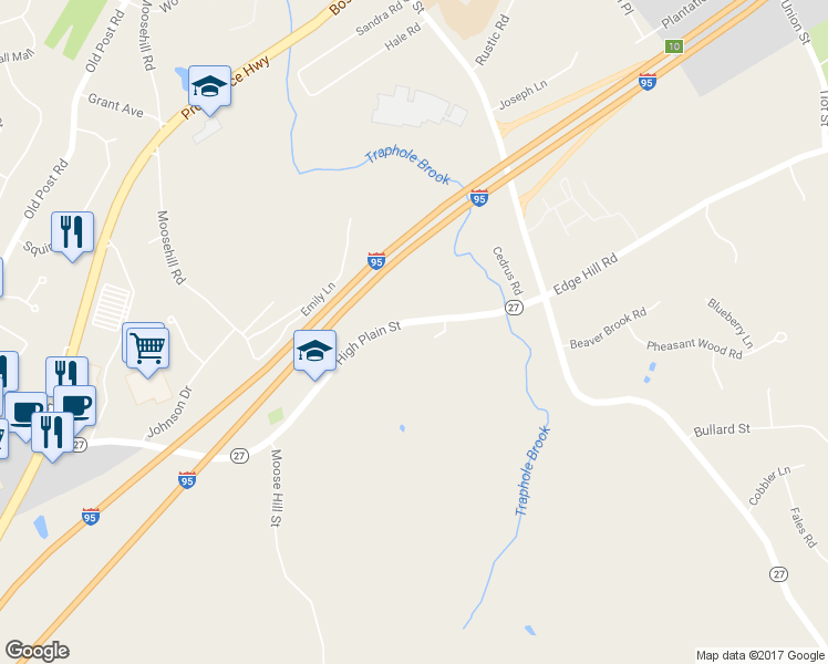 map of restaurants, bars, coffee shops, grocery stores, and more near 10 High Plain Circle in Sharon