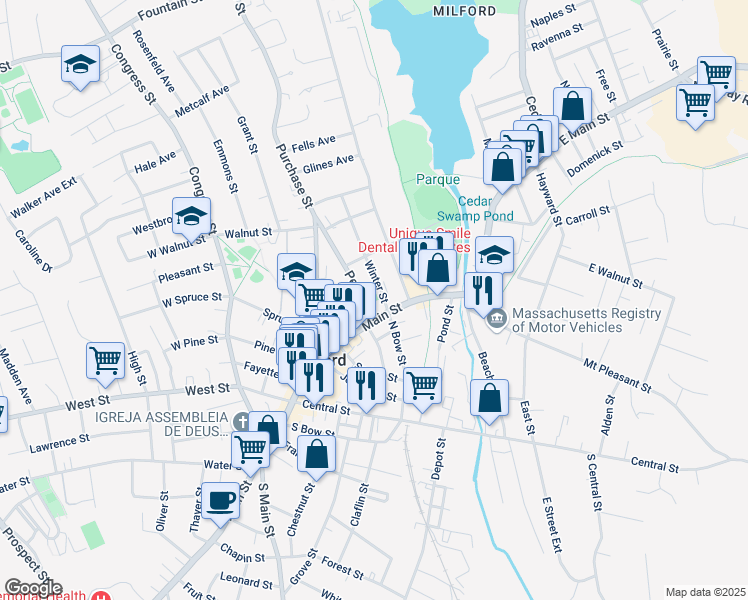 map of restaurants, bars, coffee shops, grocery stores, and more near 2 Winter Street in Milford