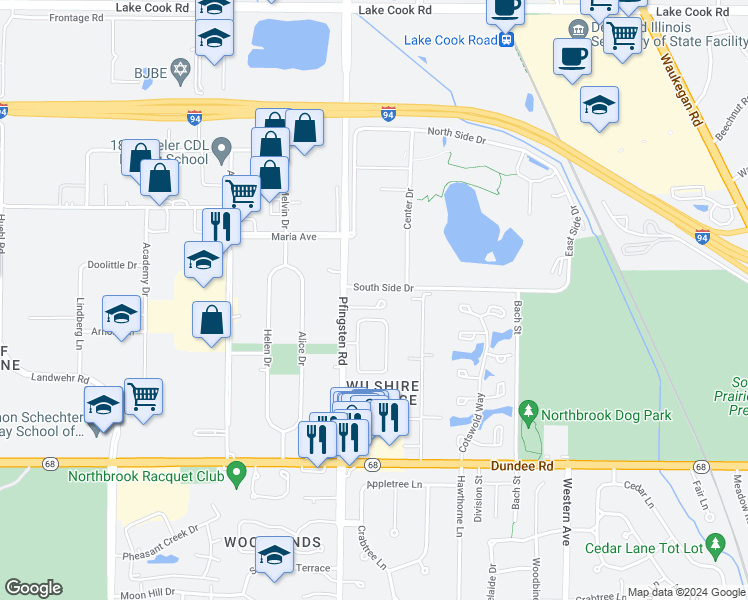 map of restaurants, bars, coffee shops, grocery stores, and more near 2748 Spenser Court in Northbrook