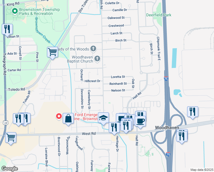 map of restaurants, bars, coffee shops, grocery stores, and more near 22411 Hillcrest Drive in Trenton