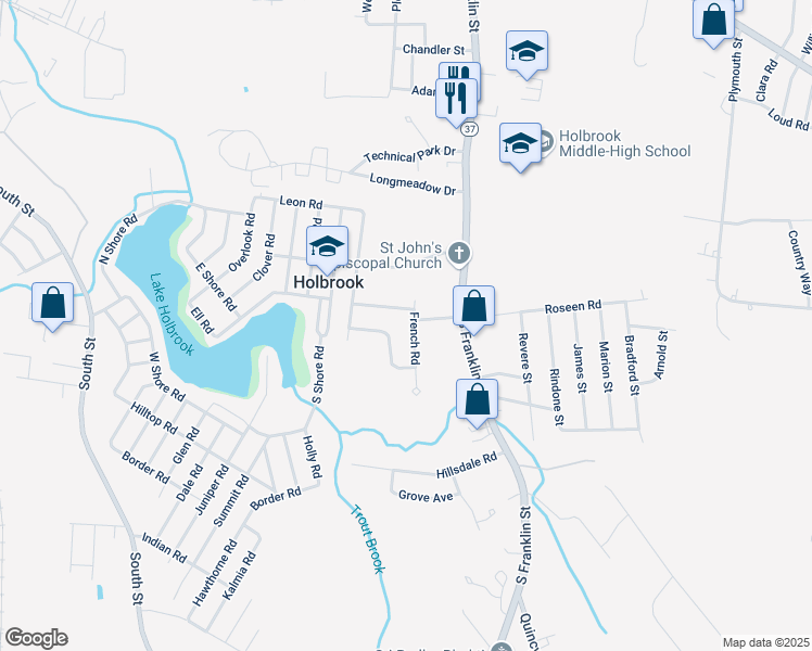 map of restaurants, bars, coffee shops, grocery stores, and more near 4 Thornton Road in Holbrook