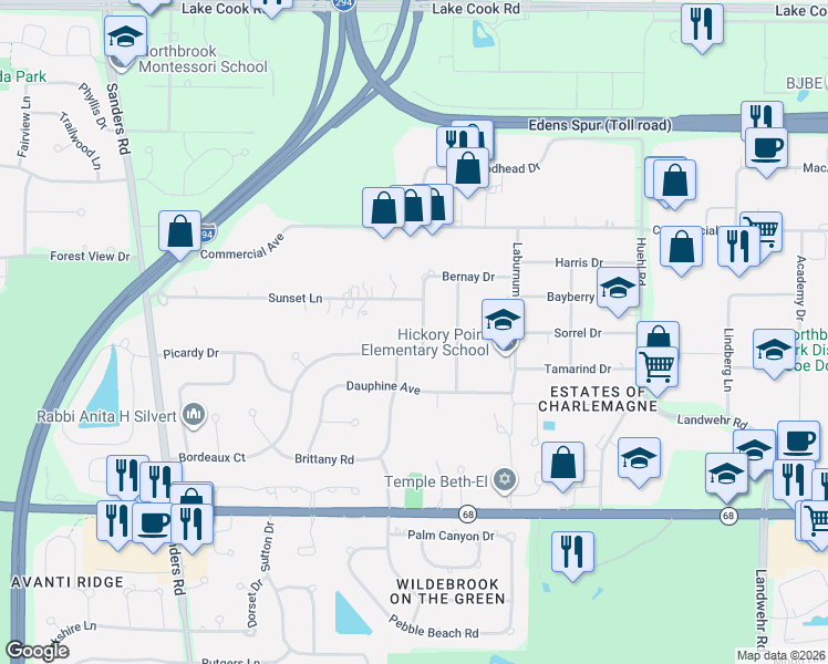 map of restaurants, bars, coffee shops, grocery stores, and more near 370 Versailles Drive in Northbrook