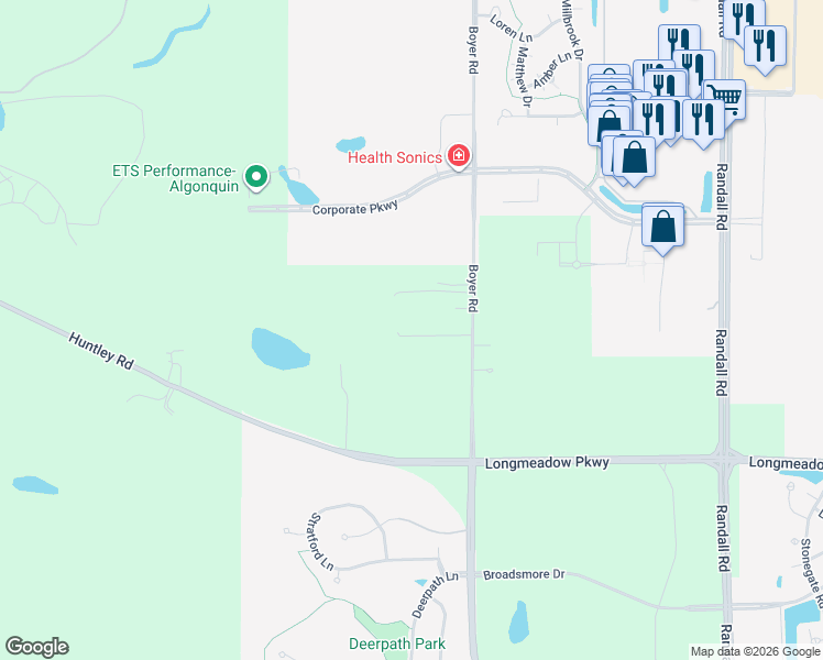 map of restaurants, bars, coffee shops, grocery stores, and more near 19N312 Boyer Road in Kane County