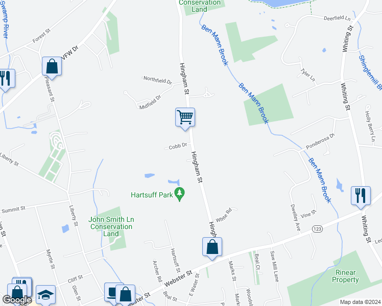 map of restaurants, bars, coffee shops, grocery stores, and more near 10 Cobb Drive in Rockland