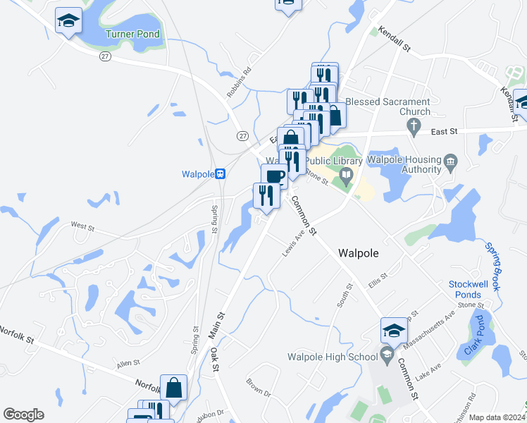 map of restaurants, bars, coffee shops, grocery stores, and more near 1065 Main Street in Walpole