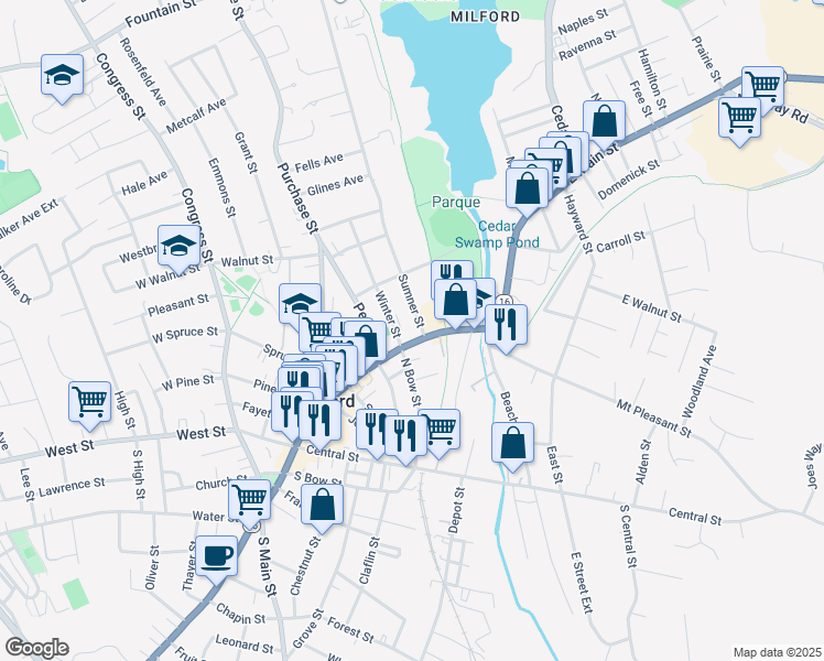 map of restaurants, bars, coffee shops, grocery stores, and more near 9 Sumner Street in Milford