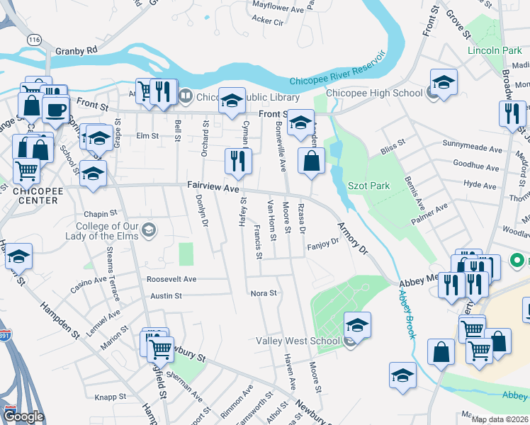 map of restaurants, bars, coffee shops, grocery stores, and more near 17 Van Horn Street in Chicopee