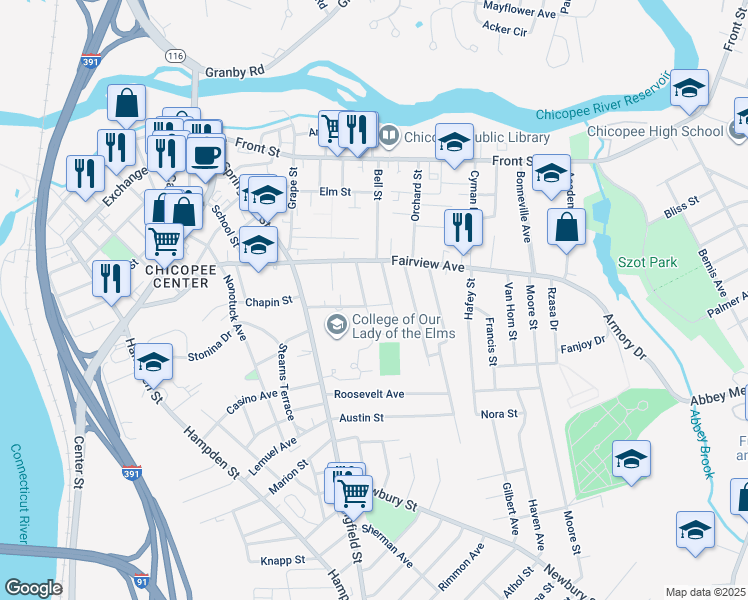 map of restaurants, bars, coffee shops, grocery stores, and more near 26 Dresser Avenue in Chicopee
