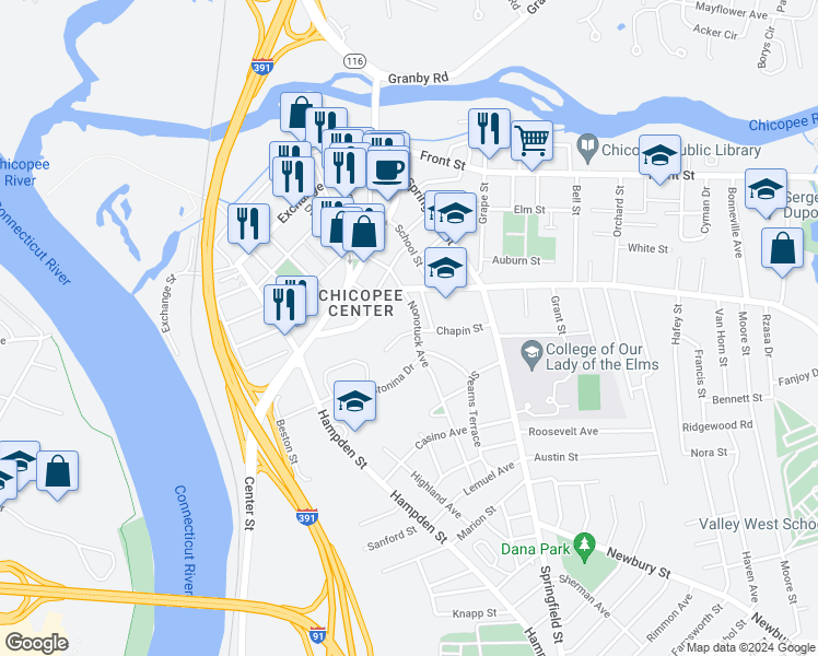 map of restaurants, bars, coffee shops, grocery stores, and more near 19 Clinton Street in Chicopee
