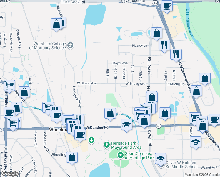 map of restaurants, bars, coffee shops, grocery stores, and more near 270 8th Street in Wheeling