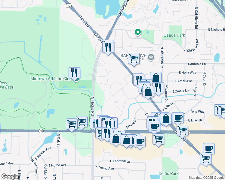 map of restaurants, bars, coffee shops, grocery stores, and more near 513 Spruce Drive in Palatine