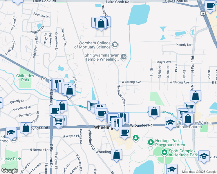 map of restaurants, bars, coffee shops, grocery stores, and more near 300 Hudson Court in Wheeling