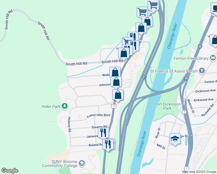 map of restaurants, bars, coffee shops, grocery stores, and more near 5 Johnson Rd in Binghamton