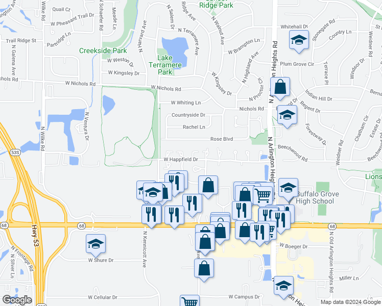 map of restaurants, bars, coffee shops, grocery stores, and more near 746 West Happfield Drive in Arlington Heights