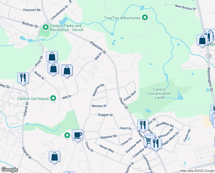 map of restaurants, bars, coffee shops, grocery stores, and more near 5 Rebecca Road in Canton