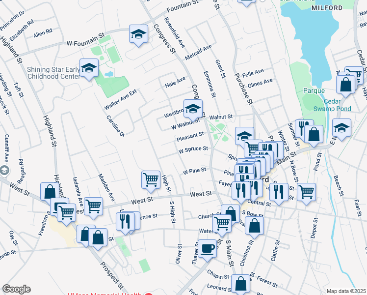 map of restaurants, bars, coffee shops, grocery stores, and more near 30 Pleasant Street in Milford