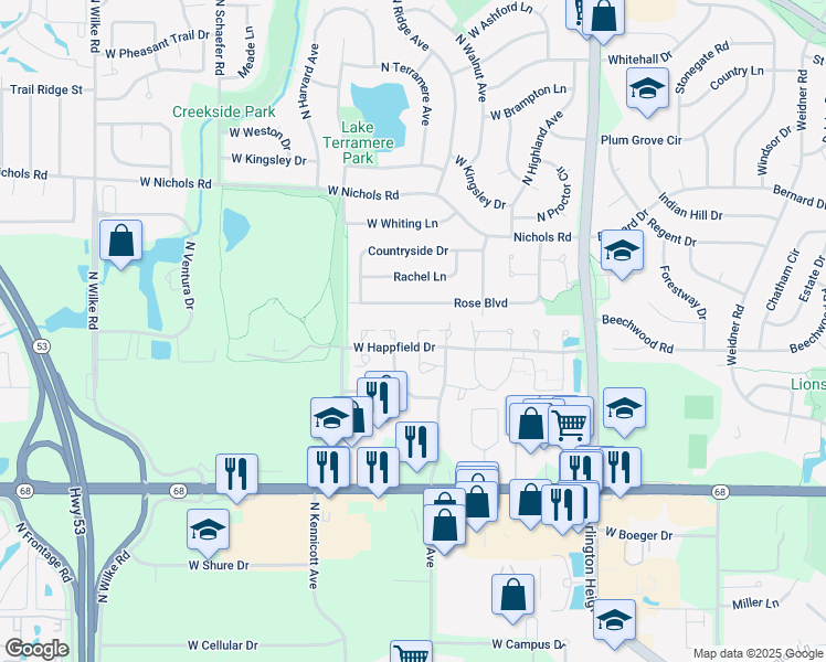 map of restaurants, bars, coffee shops, grocery stores, and more near 744 West Happfield Drive in Arlington Heights